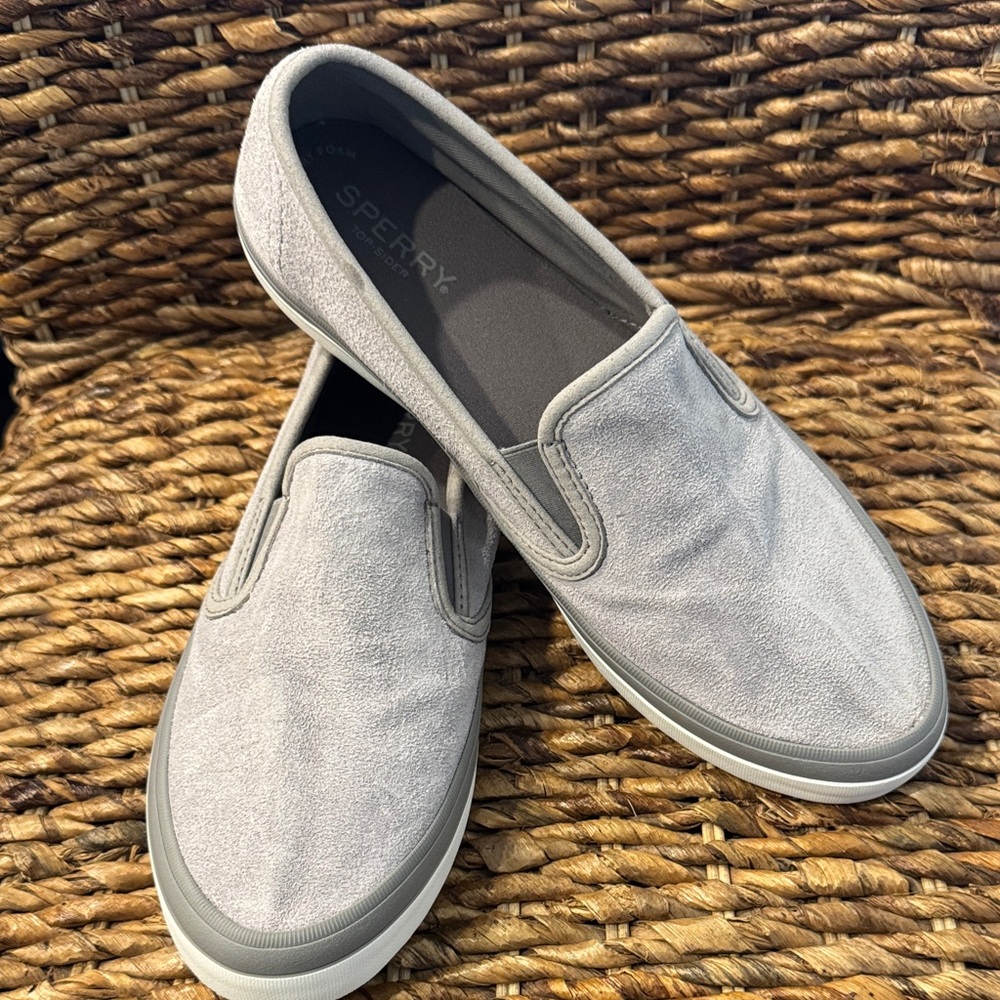 Sperry Ladies Slip-On Suede Loafers - Light Gray